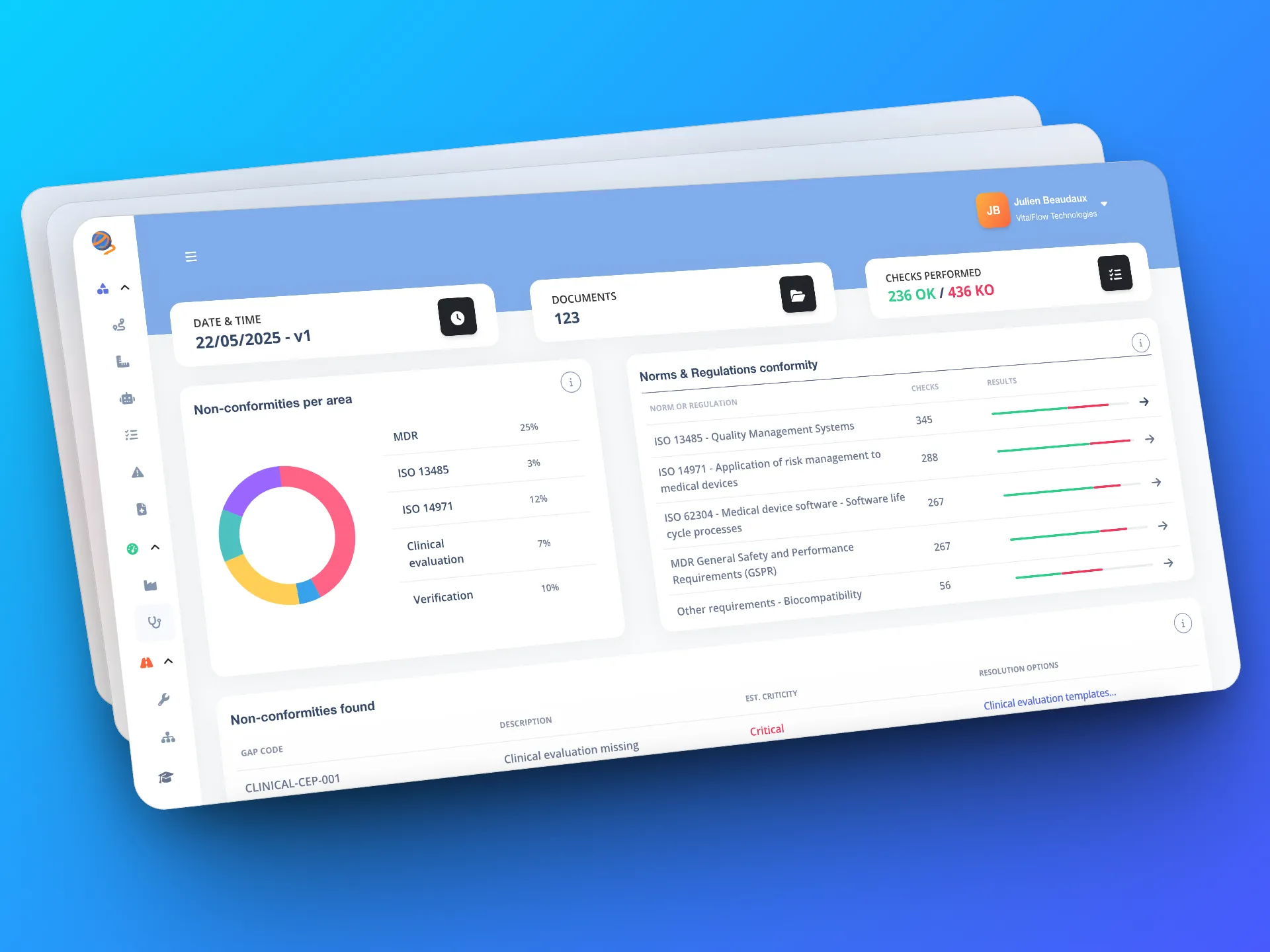 Gordios dashboard showing a audit analysis result, with identified non-conformance, gaps, and resolution suggestions.