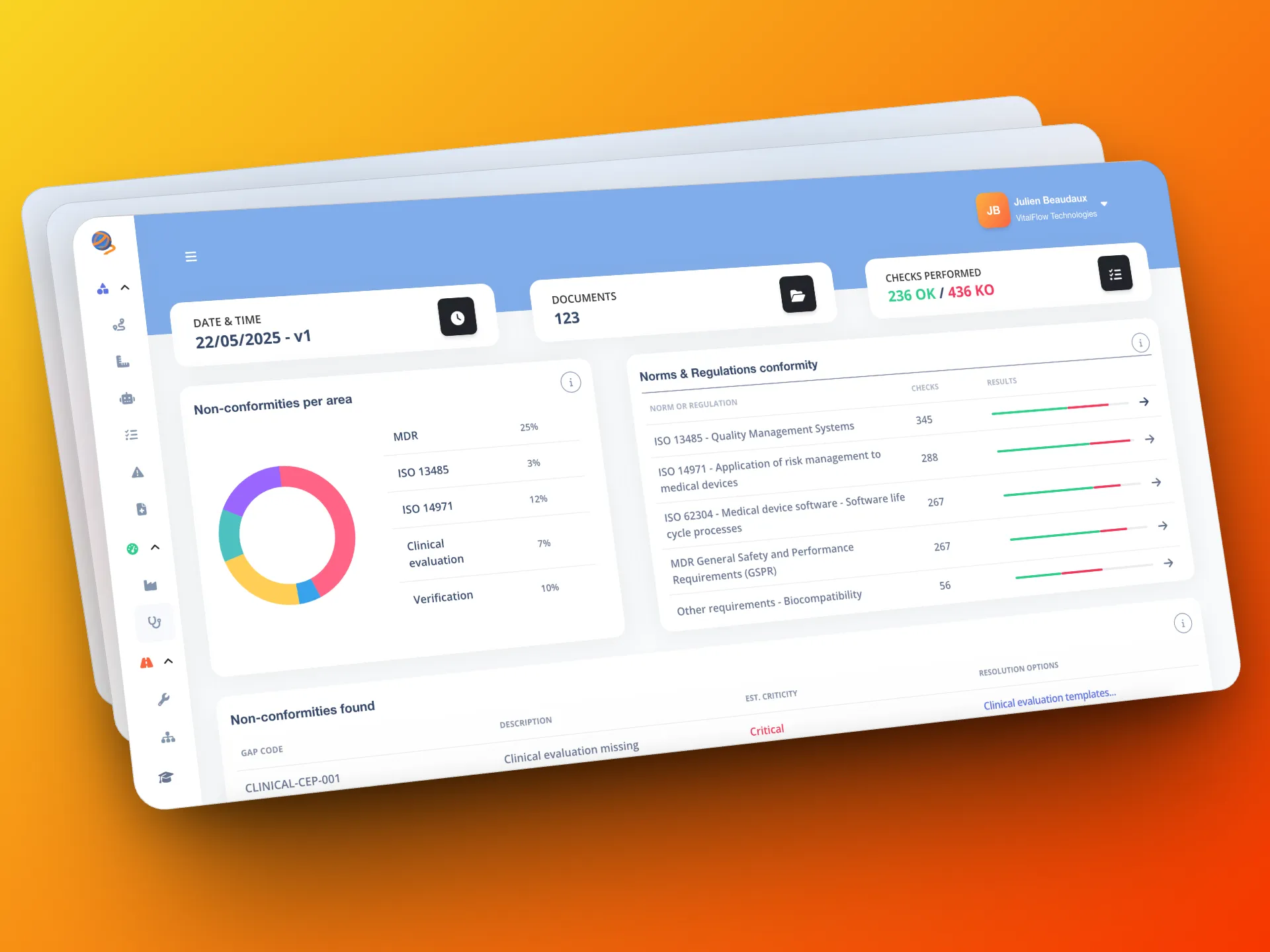Gordios dashboard showing a audit analysis result, with identified non-conformance, gaps, and resolution suggestions.